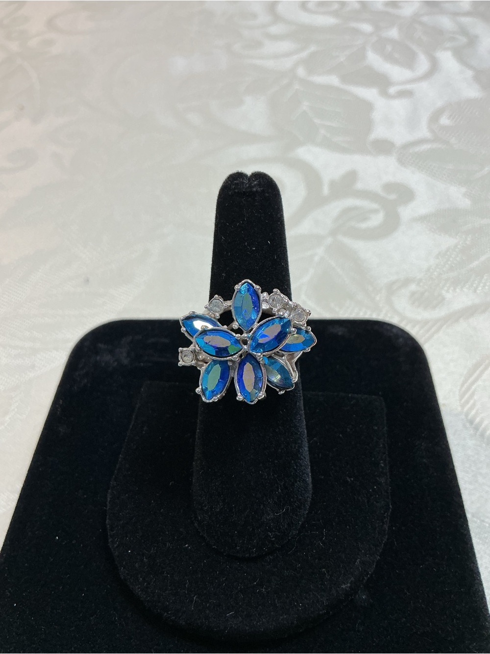 Park Lane Blue Iridescent Aurora Borealis Floral Silver Tone Cluster Ring